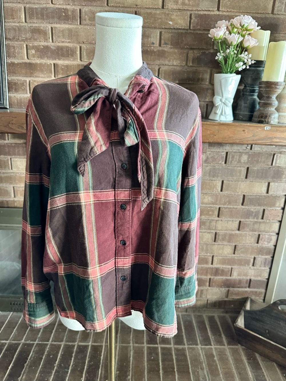 Madewell Plaid Tie Neck Flannel Button Down Blouse Top Medium Burgundy Green